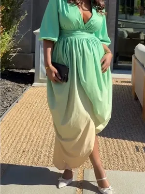 Elegant Green Ombre Maxi Dress with Bishop Sleeves thumbnail 3