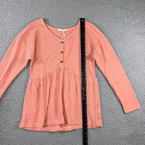 Henley Babydoll Waffle Knit Peplum‎ Top Women S L/S V Neck Cottagecore Peasant thumbnail 5