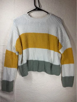 Sweater M White Mustard Sage Colorblock Chunky Knit Crew Neck Cropped thumbnail 6