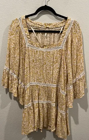 FREE PEOPLE Mustard Floral Print Baby Doll Blouse thumbnail 1