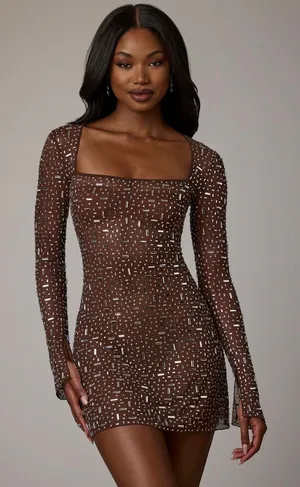 Oh Polly Zeta Sheer Embellished Long Sleeve Mini Dress in Deep Cocoa Size 0 New thumbnail 1