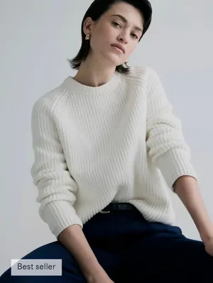 Quince white cotton ribbed crewneck pullover fisherman’s sweater jumper SMALL thumbnail 1