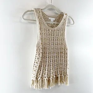 House of Harlow Wood Bead Beaded Fringe Hem Crochet Tank Top Tan XS thumbnail 6