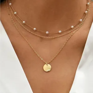New Elegant Crystal Faux Pearl Pendant Necklace Layered Pearl Chain-Golden thumbnail 1