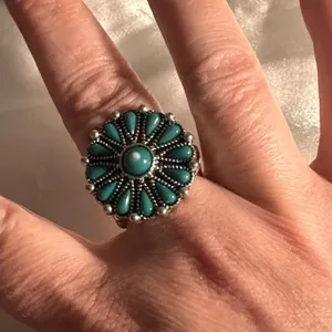 Statement Ring Turquoise Medallion Set in Silver Stretch Band One Size thumbnail 1