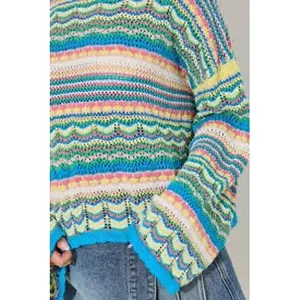 LUSH Blue Yellow Multi Crochet Knit Bell Sleeve Sweater Top Size M‎ thumbnail 2