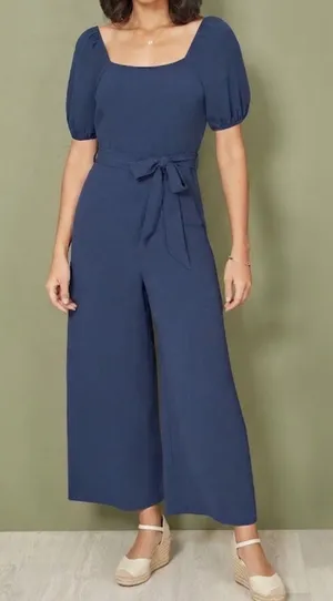Trixxi Los Angeles |‎ Navy Blue Puff Sleeve Textured Wide Leg Jumpsuit, Size M thumbnail 1