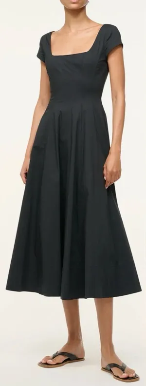 NEW STAUD Wells Stretch Cotton Fit & Flare black Midi Dress sz 4 thumbnail 1