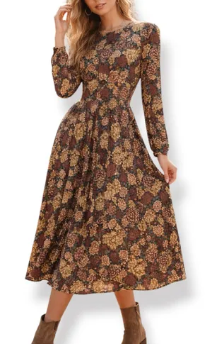 Vintage Brown Floral Midi Dress Long Sleeve Rayon Boho 90s‎ Grunge Size 10 Boho thumbnail 1