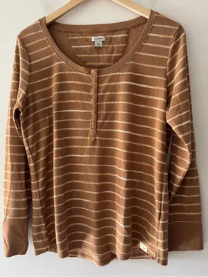 L.L. Bean Brown Stripe Henley Waffle Long Sleeve Top‎ thumbnail 1