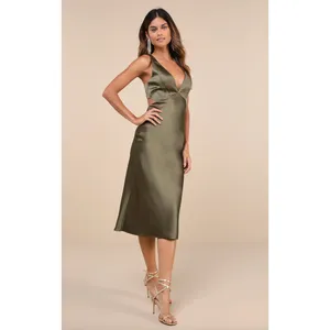 Lulus Unmatched Elegance Olive Satin Sleeveless Midi Dress Cocktail Party L NWT thumbnail 4