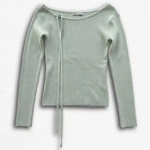Sage Green Ribbed Knit Asymmetrical Tie Neck Long Sleeve Top‎ Sweater thumbnail 1