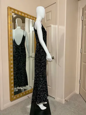 Vintage Jessica McClintock Millennium Black Silver Glitter Backless Fishtail Gow thumbnail 2