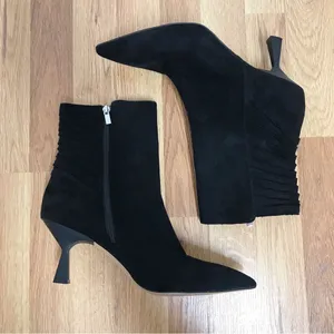 ZAC POSEN Black Ruched Suede Stiletto Midi Boot‎ Bootie Pointed Toe Size 11 thumbnail 8