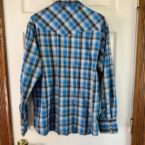 Wrangler Western Snap Shirt Plaid Long Sleeve Cowboy Blue White‎ Silver Treaded thumbnail 8