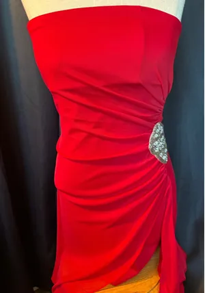 Red Strapless Ruched High Low‎ Evening Gown with Crystal Brooch Accent thumbnail 1