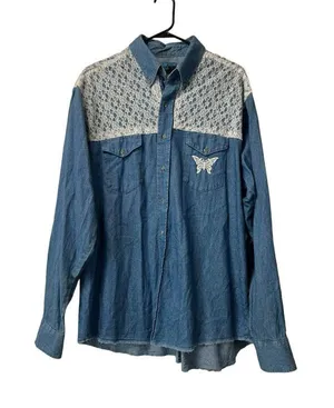 Black Canyon Denim Button Shirt‎ Embroidered Lace Size XL Western Women Vintage thumbnail 1