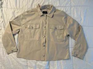 T Tahari Faux Leather Shacket Jacket Shirt Cream Beige Pockets Women's Large thumbnail 1