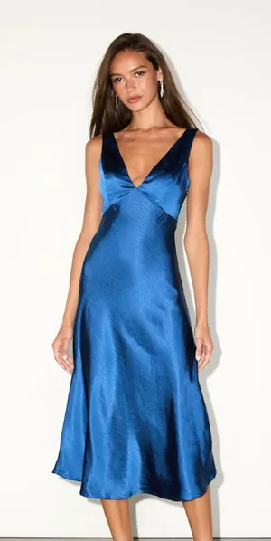 NEW Lulus Incredible Love Navy Satin Cowl Back Midi Slip Dress Size L Formal thumbnail 1