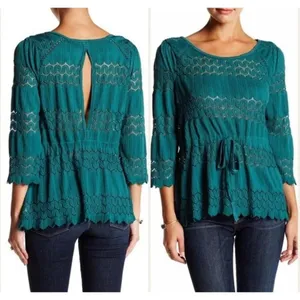 Free People Fire Island Blouse‎ Crochet Top 3/4 Sleeve Knit Green size M Boho thumbnail 2