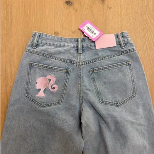 Edikted Baggy Jeans Low Rise Embroidered Barbie Size XS Blue Pink thumbnail 4