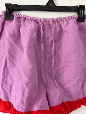 Dora Larsen Free People Lavender Red Ruffle Pull On Linen Organic Cotton Shorts thumbnail 3