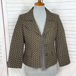 Ann Taylor Loft‎ Blazer Women 2 Brown Herringbone Tile Geometric Print Jacket thumbnail 1
