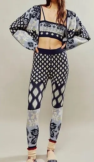 Free People Snow Bunny Knit SET Cardigan & Leggings XS Blue Lounge Nordic Indie thumbnail 1