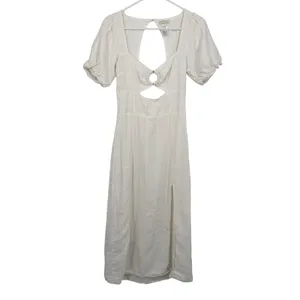 L*Space Midi Dress Womens S White‎ Linen Blend Cutout Open Back Puff Slit Rush thumbnail 2