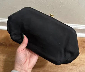 Magid | Vintage‎ Black Satin Clutch Rhinestone Kiss Lock Gold Frame Bag Purse thumbnail 1