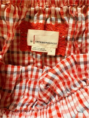 Anthropologie Red Gingham Off-the-Shoulder Romper Smocking Resort Beach Size L thumbnail 5