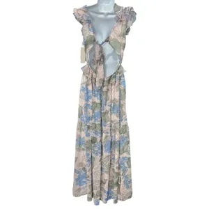 Big Water Blue Sky Pink Blue Green Floral Flutter Tie Back Maxi Dress S NEW Tags thumbnail 5