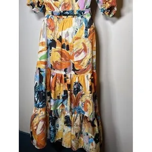 FLYING TOMATO Midi Dress Small Abstract Floral Tiered Boho Puff‎ Sleeve Art Belt thumbnail 6