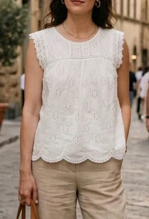 Knox Rose White Eyelet Cotton Cap Sleeve Summer Cottage Boho Lace Trim Top Large thumbnail 1