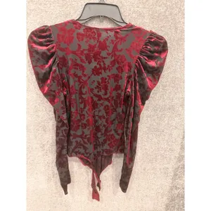 Free People Women Bodysuit S Burgundy Midnight Combo Burnout Velvet Puff Sleeve thumbnail 9