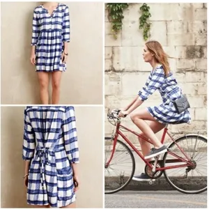 Maeve Devry Blue White Plaid Dress‎ Pockets Tie Waist 3/4 Sleeve XS Spring Party thumbnail 2