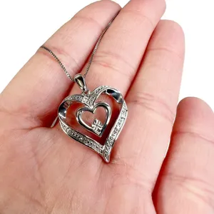 Diamond Double Heart Sterling Silver Box Chain Pendant Necklace thumbnail 1