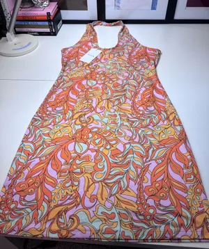 VILA Halter Midi Dress in Orange, Pink & Yellow Swirl Print NWT Size EU M thumbnail 1