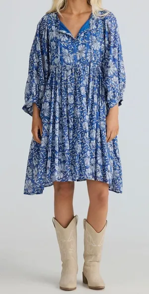 Talisman Blue Blossom Floral Cotton Midi Dress Relaxed Fit Boho S M thumbnail 1