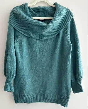 Express Teal Cowlneck Balloon Sleeve Sweater, Size Large thumbnail 1