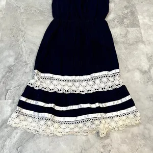 1970s True Vintage Navy Blue‎ Pleated Peasant Tank Tie Strap Dress Medium thumbnail 2