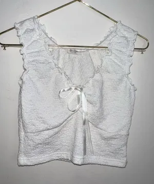 John Galt Brandy Melville White Popcorn Textured Ruffle Bow Crop Tank Top OS‎ thumbnail 1