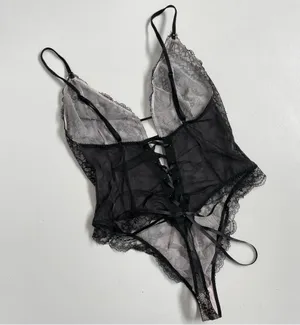 Victorias Secret Body Suit Nighty Thong Lace Plunge Neck Corset Lace Up Black thumbnail 7