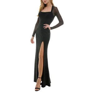 NWT City Studios Juniors Square-Neck Side-Slit Long Sleeve Gown Dress Black 5/6 thumbnail 3