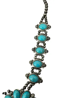Faux Turquoise Squash Blossom Necklace & Earrings Jewelry Set 3 Pieces Southwest thumbnail 4