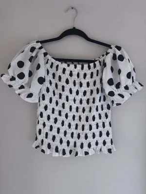 POL Women's Off-Shoulder Shirred Polka Dot Puff Sleeve Crop Top thumbnail 3