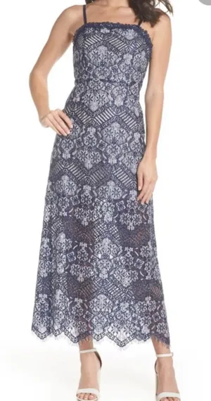 Foxiedox Anthropologie daleyza Lace‎ Square Neck Midi dress Navy Blue Size small thumbnail 1
