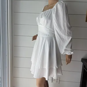 LYANER Wrap Tie Back Square Neck Double Layer Ruffle Hem A Line Mini Dress Sz M thumbnail 4