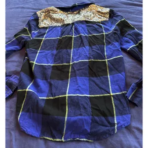 Arizona Jean Co Blue Black Plaid Sequin Back Button Down Flannel Shirt Large thumbnail 15