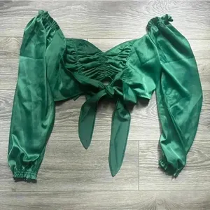 Urban Outfitters Green Satin Long Puff Sleeve Tie Back Crop Festival Top Size M thumbnail 2